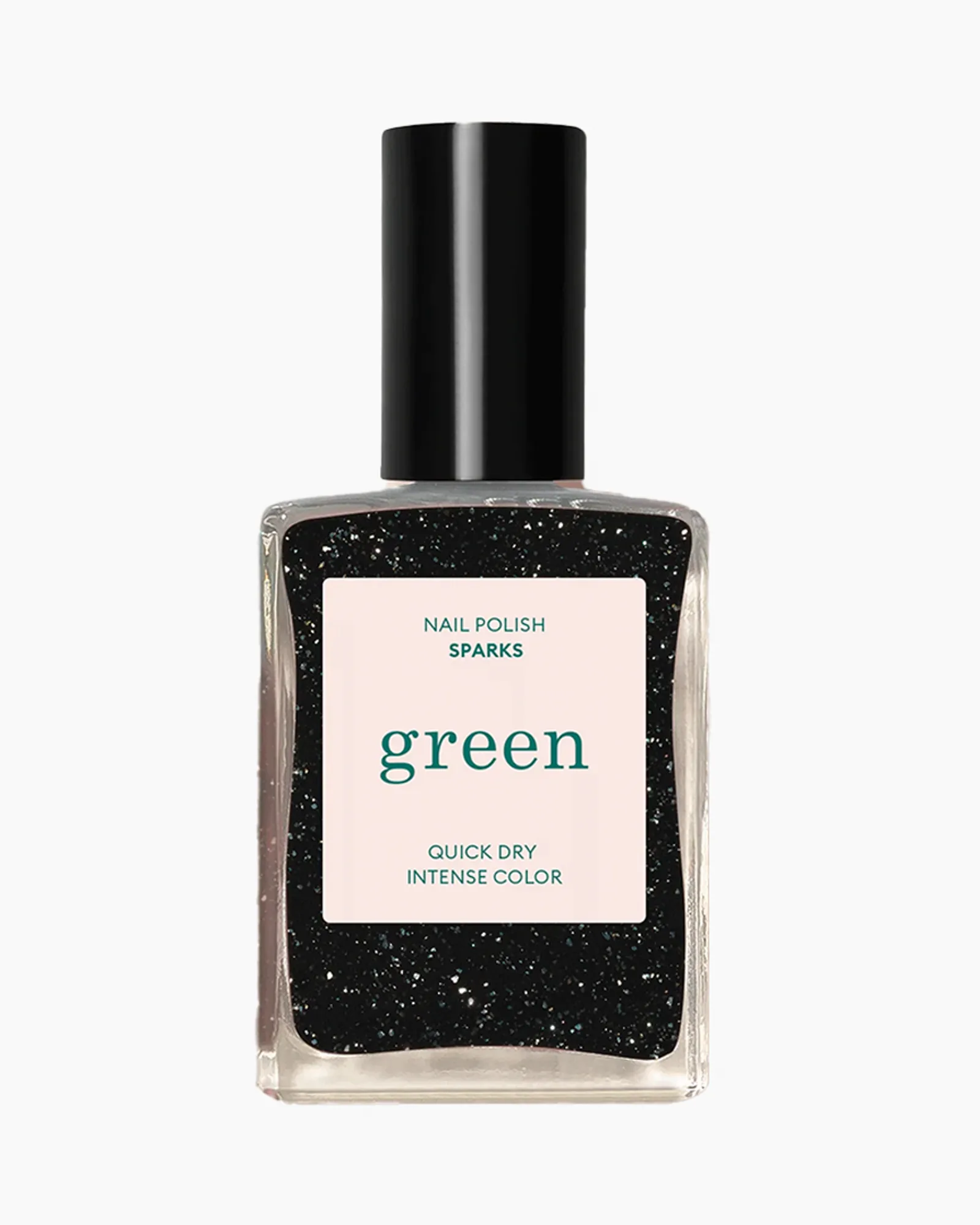 Green™ lak na nehty Sparks – lahvička černého laku se stříbrnými třpytkami